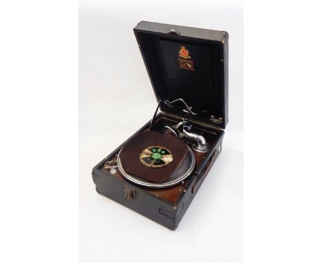 HMV portable gramophone with chrome and bakelite fittings, in black case and retailers label for 'Paish & Co' of Exeter, Torq