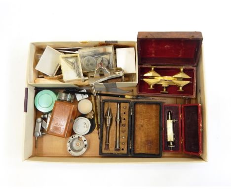 Brass depthing tool, cased and numbered '97' to the lid, three boxes of small watchmaker's tools, cased and sundry other tool