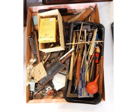 Quantity of watchmaker's tools, loose and in six-drawer table-top chest