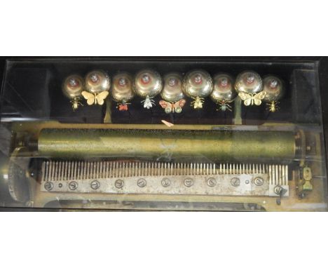 Swiss cylinder inlaid music box with 12 aires and nine bells, the bells decorated with butterflies, enamel flies, beetles, et