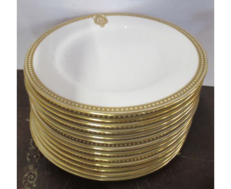 13 Spode dinner plates, with gilt decorations and initials