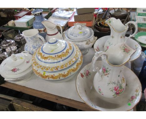 Two Copeland Spode wash jugs and bowls, together with covered tureens, jugs etc