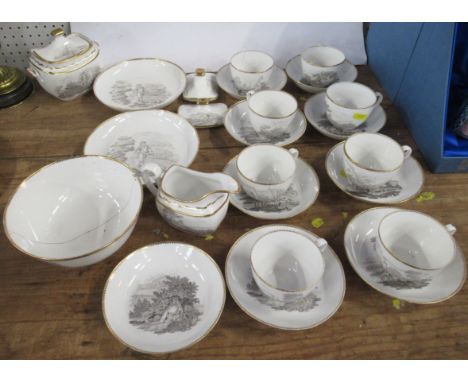 A 19th century Spode porcelain part tea service, decorated in grey with figures in various scenes, eight cups, nine saucers, 