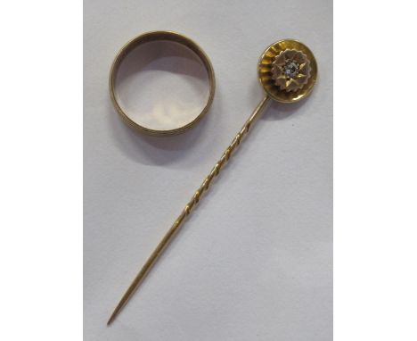A 9ct gold wedding band, weight 3.1g, together with a stone set stick pin