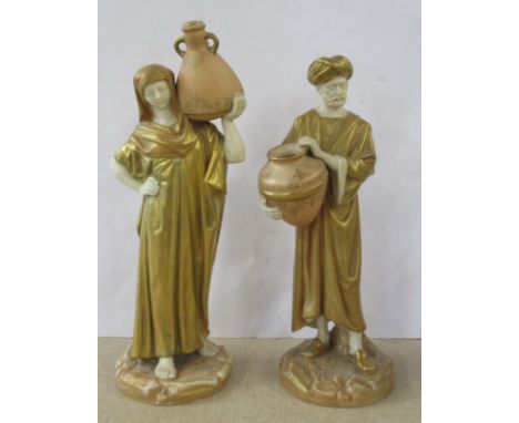 A pair of Royal Worcester shot silk figures, male and female water carriers, model number 1250, height 10ins Condition Report