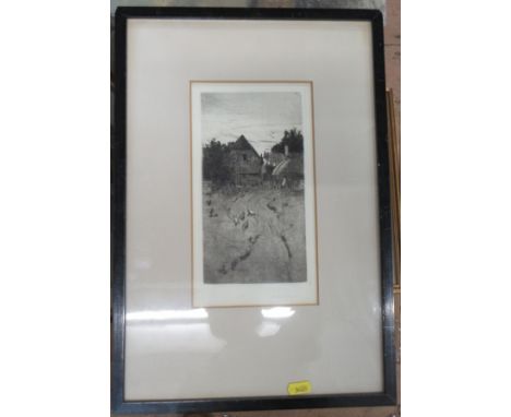 A black and white etching, farmyard scene with chickens, signed, 10ins x 6ins