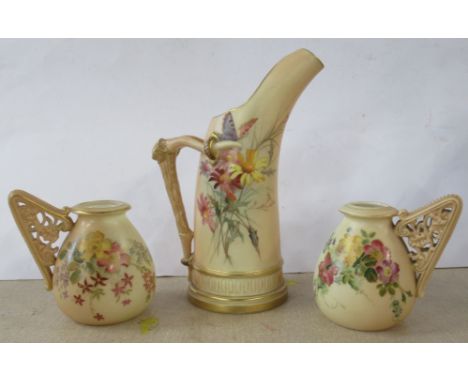 Two Royal Worcester blush ivory vases, with pierced handle, shape number 1137, together with a Royal Worcester blush ivory tu