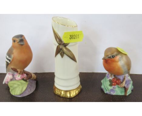 Two Royal Worcester birds, together with a Royal Worcester bamboo bud vase