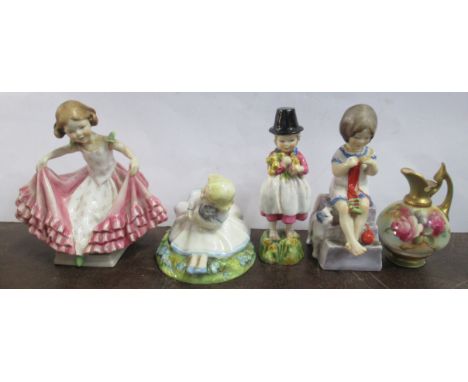 Four Royal Worcester figures, together with a Royal Worcester ewer, decorated with roses by Hunt, height 4ins