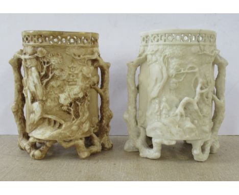 Two Royal Worcester Chinese influence vases, of shaped cylindrical form, both afCondition Report:  White vase is cracked. Cre
