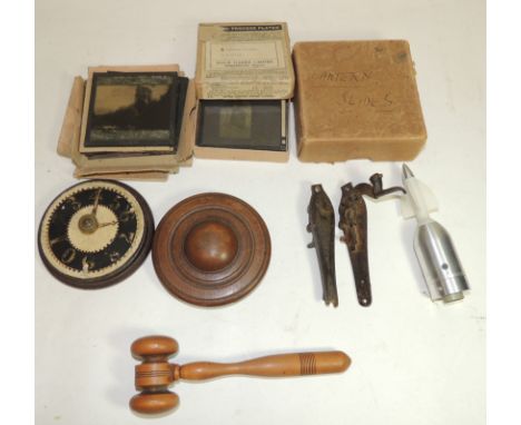 A turned boxwood gavel; some boxed monochrome lantern slides; an old percussion gun action; an indicator in turned wood case 