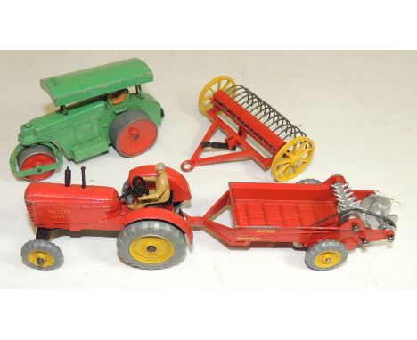 DINKY - Massey Harris tractor with driver; Massey Harris Manure Spreader, Hay Rake and Aveling Barford Road Roller, all unbox