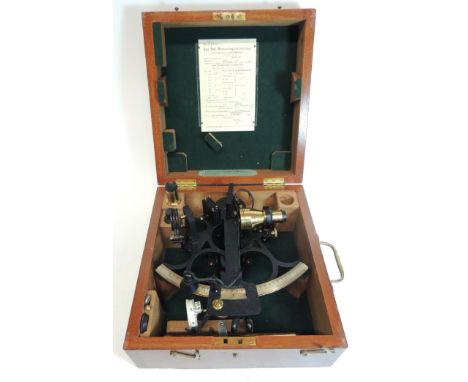 A 20th Century sextant by H Hughes & Son, Ltd, London, having silvered brass scale, black painted metal frame,in fitted case 