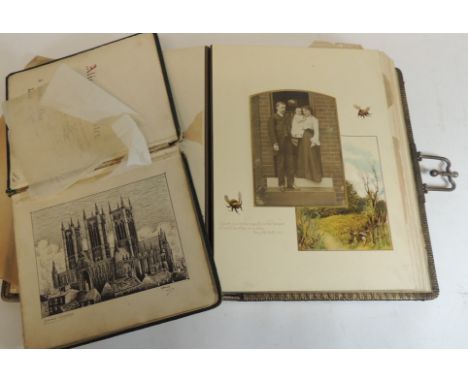 A Victorian leather bound photograph album with original metal clasp, the "As You Like It" album with coloured lithographic p