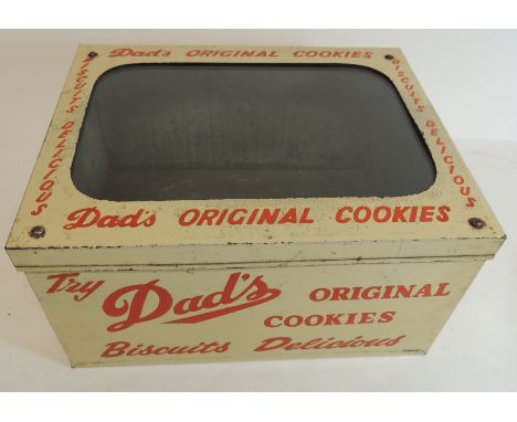 An early 20th Century display tin for "Dads Original Cookies", with glazed panel to the hinged lid and with red lettering on 