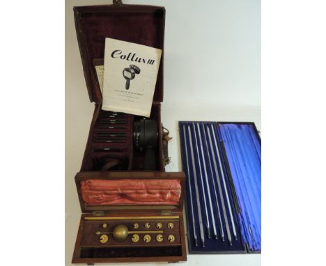A Sikes Hydrometer in polished mahogany box, plaque for L Lumley & Co London to lid; a cased set of seven long thermometers b