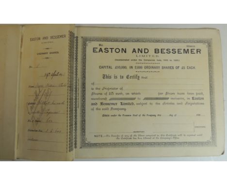 Book of share certificates - Easton and Bessemer Ltd, part used, c.1893 - 1894 (Taunton firm manufacturing steam engines etc 