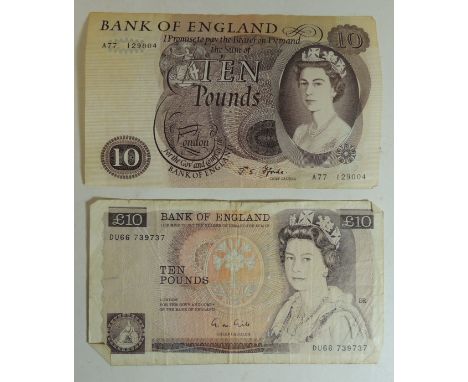 Bank of England portrait series £10 signed Fforde A77 129004 and a pictorial £10 note signed Gill DU66 739737 (2) ++portrait 
