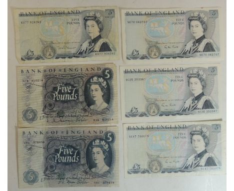 Bank of England - two portrait series £5 notes signed Fforde and Hollom and four pictorial series - one signed Somerset three
