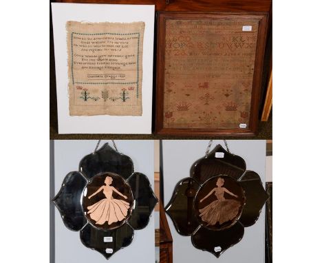 A pair of Art Deco bevelled glass mirrors, and two samplers, by Mary Warmley aged 11 1838 and Charlotte Craggs 1829 (4)