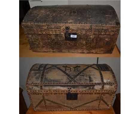A 19th century studded leather trunk of small proportions initialled IB, 61cm by 34cm by 30cm; together with similar studded 
