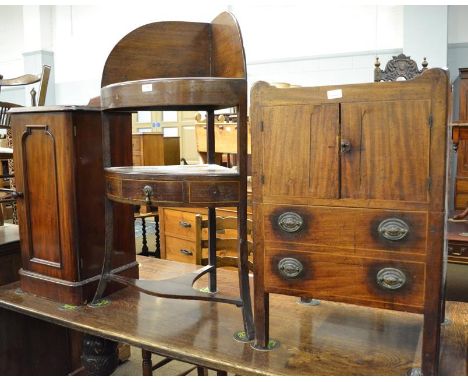 A George III inlaid mahogany corner washstand 61cm by 41cm by 109cm; together with a George III mahogany commode 53cm by 46cm