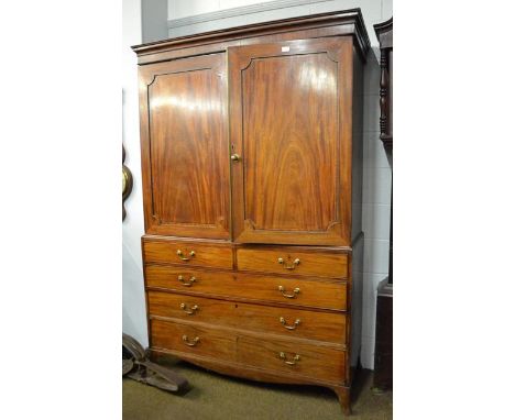A George III cross banded mahogany press cupboard (converted), with strong inlay and raised on splay bracket supports, 135cm 