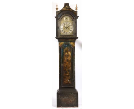 A GEORGE III CHINOISERIE LACQUERED EIGHT-DAY LONGCASE CLOCK the brass and silver dial with arabic and roman numerals, a subsi