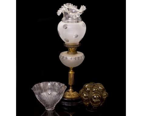 AN OLD OIL LAMP  with glass shade, 61cm high together with two further glass light shades (3)