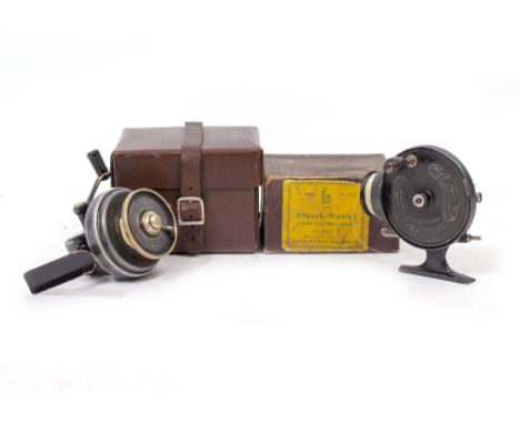 AN ALLCOCK-STANLEY LIGHT CASTING FISHING REEL with its original box and a Helical casting reel, with red design number 769190