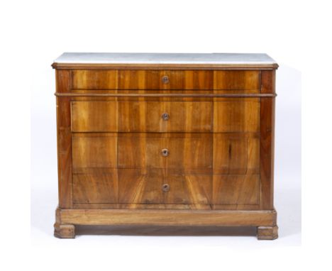 A 19TH CENTURY BIEDERMEIER STYLE CHESTNUT COMMODEwith inset marble top and four long drawers, standing on block feet, 118cm w