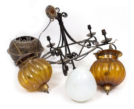A PAIR OF LOBED BROWN GLASS HANGING LIGHT SHADES 23cm diameter together with a white glass lampshade, a five light wrought ir