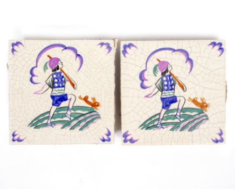 TWO POOLE POTTERY NURSERY RHYME TILES possibly 'Bye Baby Bunting', designed by Dora Batty (1891-1966) (2) 13cm x 13cm 