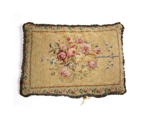 A FLORAL DECORATED TAPESTRY UPHOLSTERED CUSHION 62cm x 46cm
