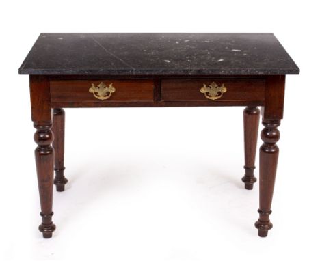 A VICTORIAN MAHOGANY TWIN DRAWER SIDE TABLE with a later black marble top and turned supports, 94cm wide x 51cm deep x 67cm h