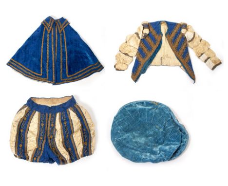 A CHILD'S TUDOR COSTUME in blue velvet to include doublet, breeches, cloak and cap (4)