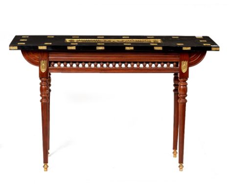 A MODERN CONSOLE TABLE with parcel gilt ebonised rectangular top, the base with turned legs (the two feet detached), 121.5cm 