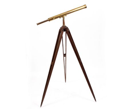 A VICTORIAN BRASS TELESCOPE  by Cary of 181 The Strand London, 101cm long unextended and on an oak tripod and also with mahog