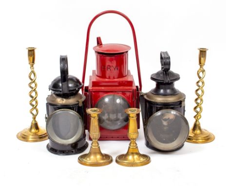A BRITISH RAILWAYS WESTERN LEVEL CROSSING GATE LAMP a GWR guard's lamp and one other, three framed locomotive prints together