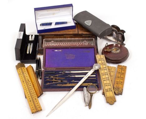 A COLLECTION OF WOOD, STEEL AND BONE RULES to include Armstrong, Rabone and Halden, and a Thornton draughtsman's set, Rabone 