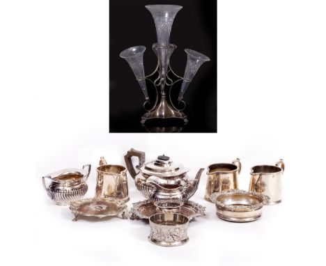 A SMALL QUANTITY OF SILVER PLATED ITEMS To include a four cut glass epergne, teapot, twin handled sugar basin with gadrooned 