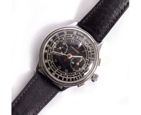 A SWISS LANCET STEEL CASED THREE BUTTON CHRONOGRAPH WRIST WATCH with red centre sweep second hand, two subsidiary dials etc, 