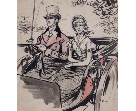 FRANCES MARSHALL  Pen, ink and watercolour, 'With Thoughts Elsewhere', 32cm x 26cm and 'Out Driving', 34cm x 30cm (2)