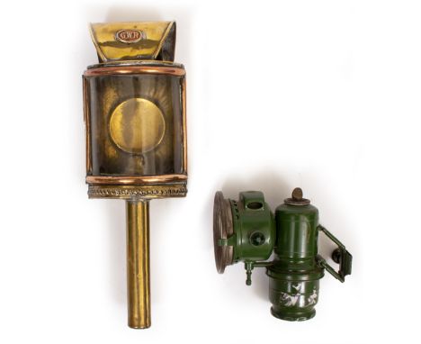 A GWR BRASS BOW FRONTED STATION LAMP 39cm together with a carbide motor cycle lamp