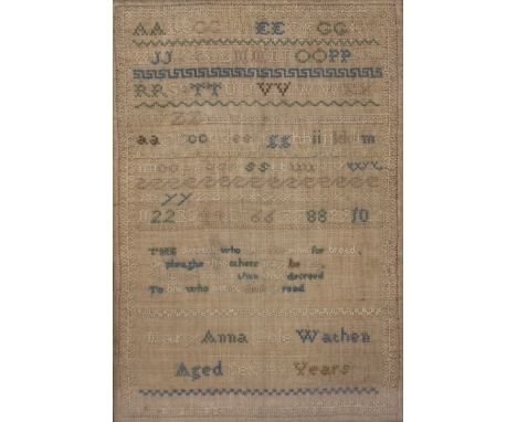 AN EARLY 19TH CENTURY NEEDLEWORK ALPHABET SAMPLER  worked by Mary Anna Cole Wathen, 21cm wide x 30.5cm high together with a f