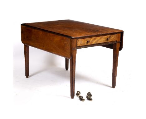 A 19TH CENTURY MAHOGANY DROP LEAF TABLE with ruled hinge to the flaps and end drawer with a enamel label for Shoolbred, all s