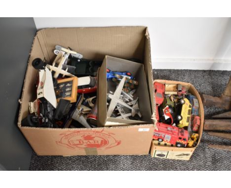 Two boxes of playworn diecasts including Dinky, Corgi, Tonka etc along with many made up plastic kit Cars and Aeroplanes