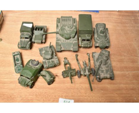 Eleven Dinky Military playworn diecasts including Centurian Tank, Army Wagon, Field Guns etc and a Lesney Military payworn di