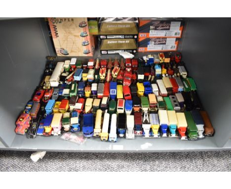 A shelf of playworn diecasts including Lledo Days Gone, Models of Yesteryear and similar, approx 100+