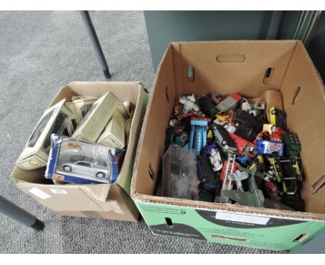 Two boxes of mixed diecasts including playworn, Dinky, Corgi etc along with modern Models of Yesteryear in original boxes